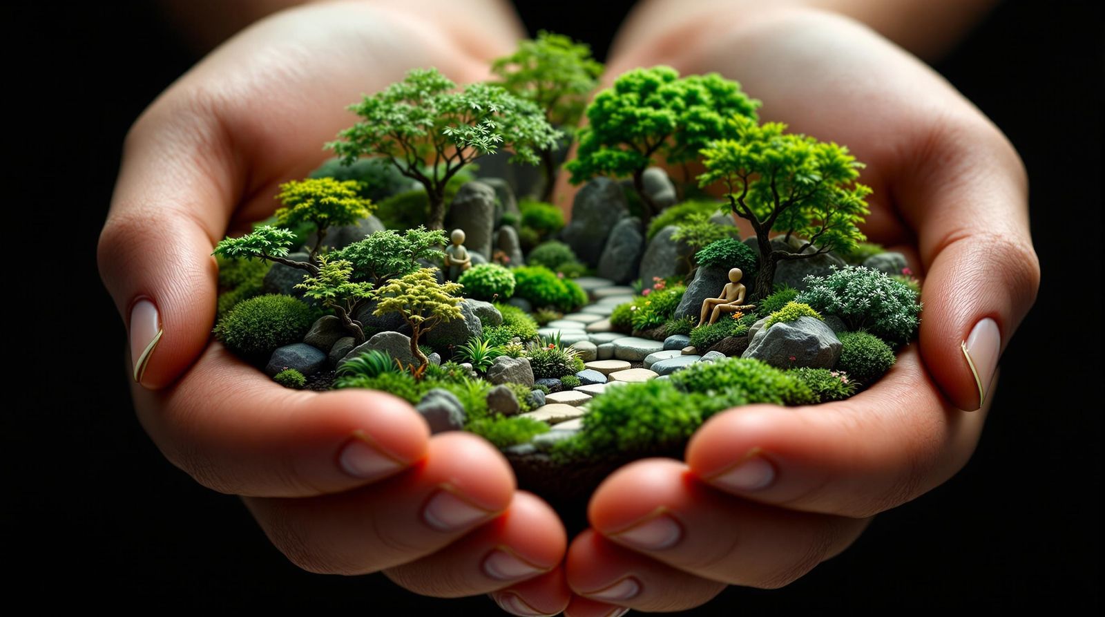 Surreal Miniature Zen Oasis in Cupped Hands