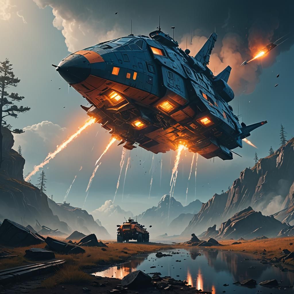 Futuristic Ship Crash in Fantasy World: Matte Painting