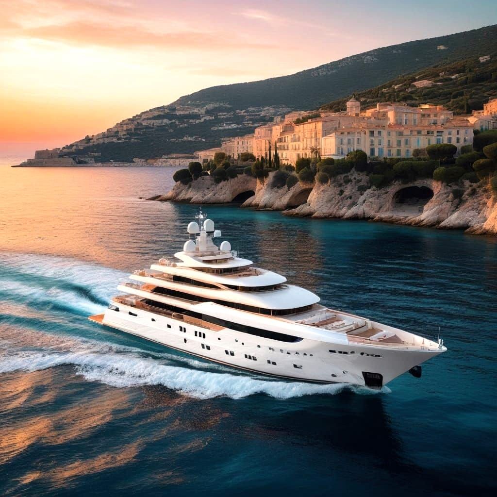 Luxury Yacht Anchored off the Côte d'Azur at Sunset
