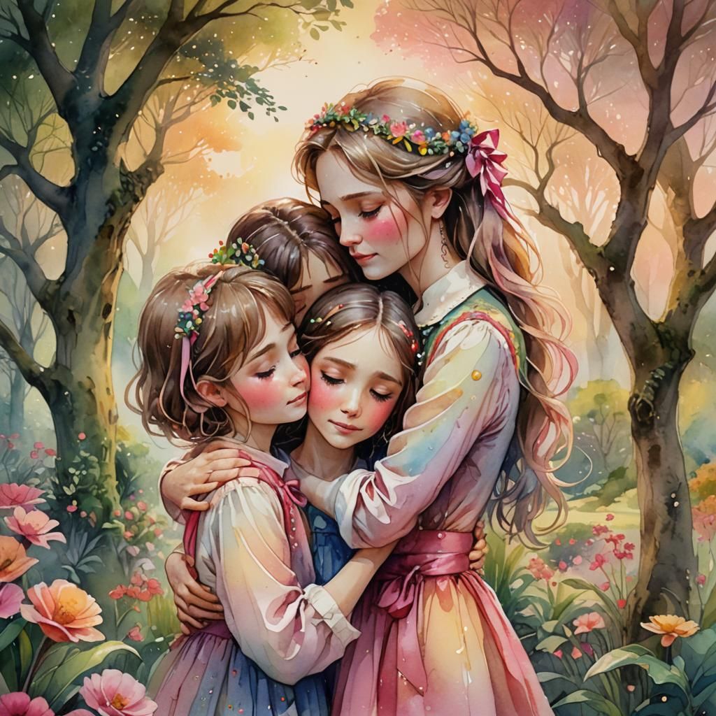 Family Comfort in Serene Watercolor Garden