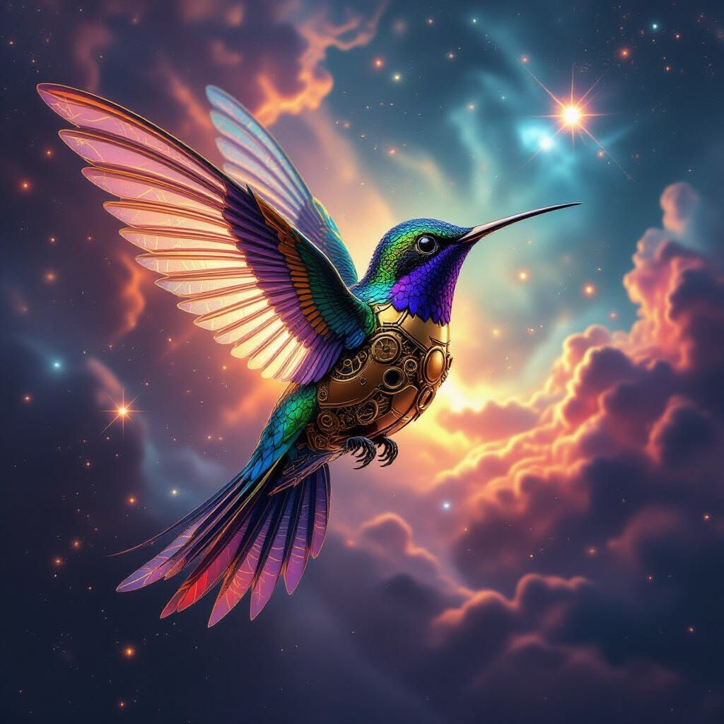 Clockwork Hummingbird in Cosmic Nebula Digital Painting