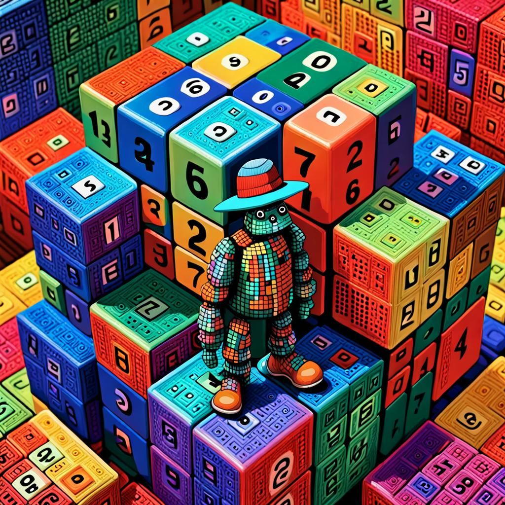 Egg Creature with Rubik's Cube Hat in Digital Punk Style