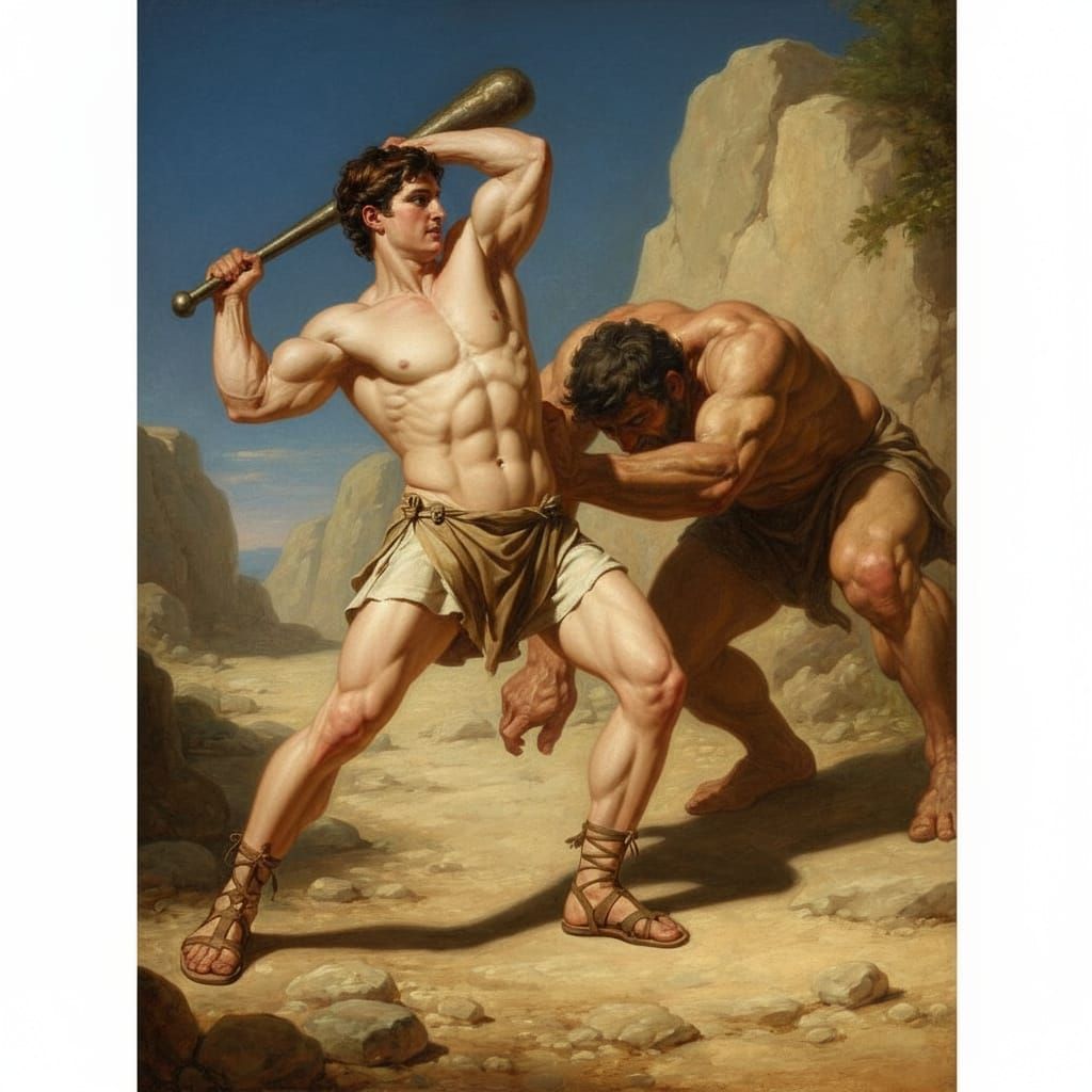 Hero Theseus Defeats Half-Giant Periphetes with Bronze Club