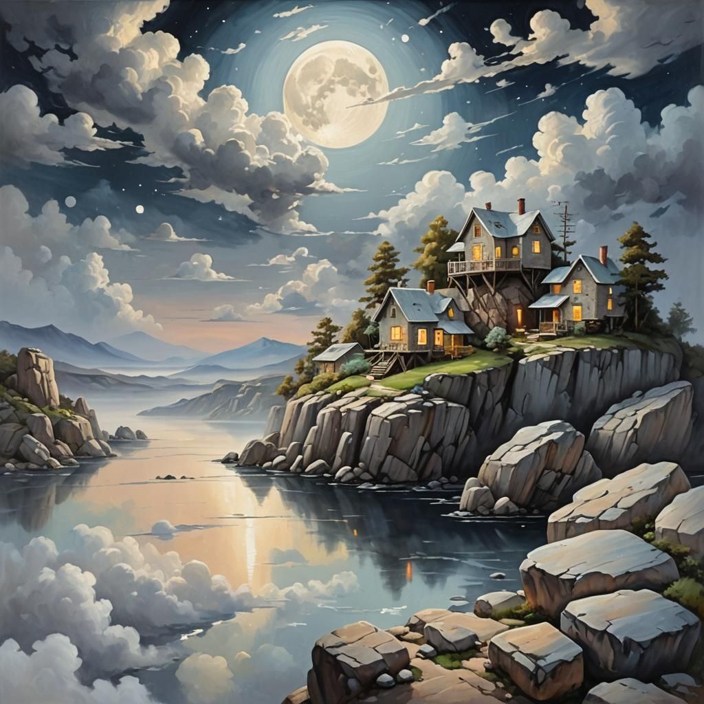 Surreal Landscape Painting with Floating Rocks