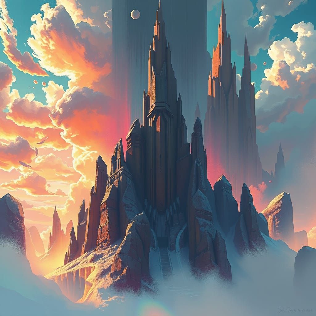 Epic Futuristic Mountain Landscape at Sunset