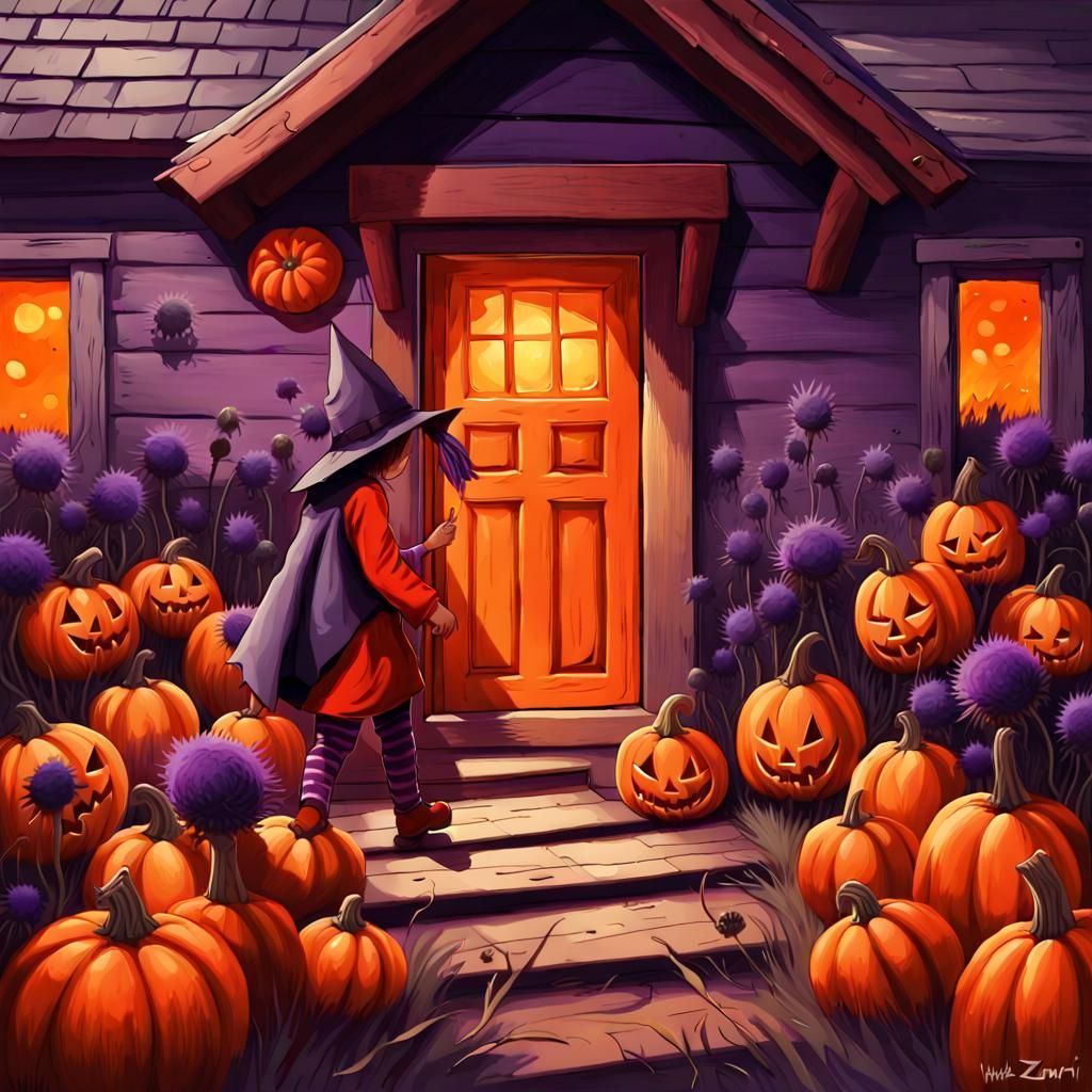 Children in Halloween Costumes at Pumpkin Patch Door