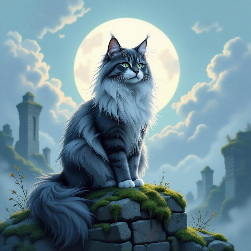 Ethereal Cat on Ancient Ruins in Charcoal Style
