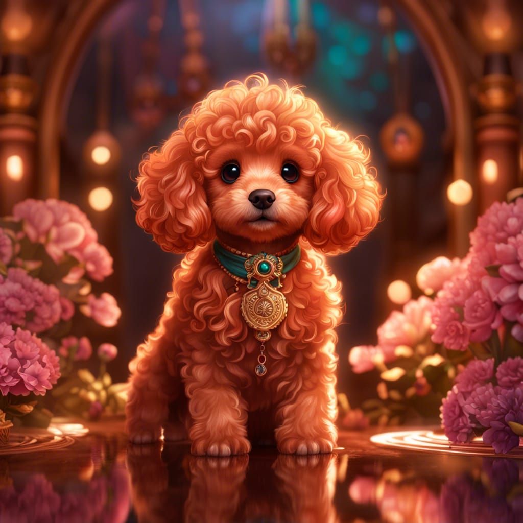 Adorable Copper French Poodle Pup in Art Nouveau Style
