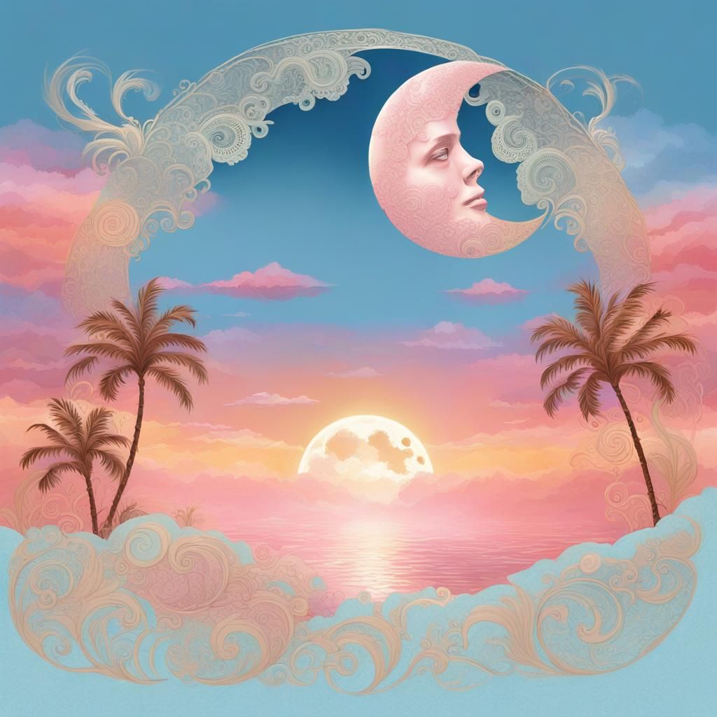 Lace Moon with Pink Clouds in Digital Watercolor