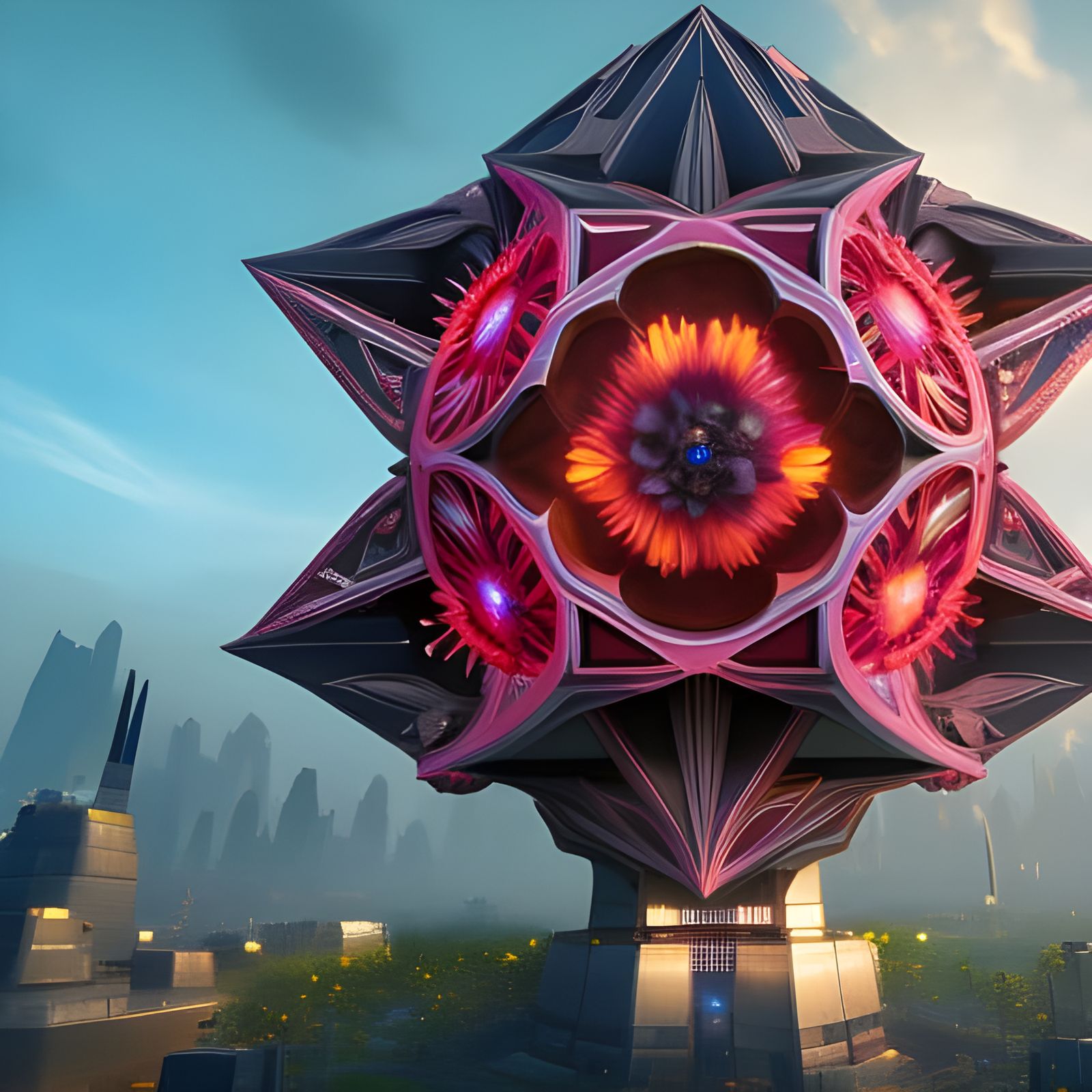 Futuristic Occult Flower Building in Mixed Media