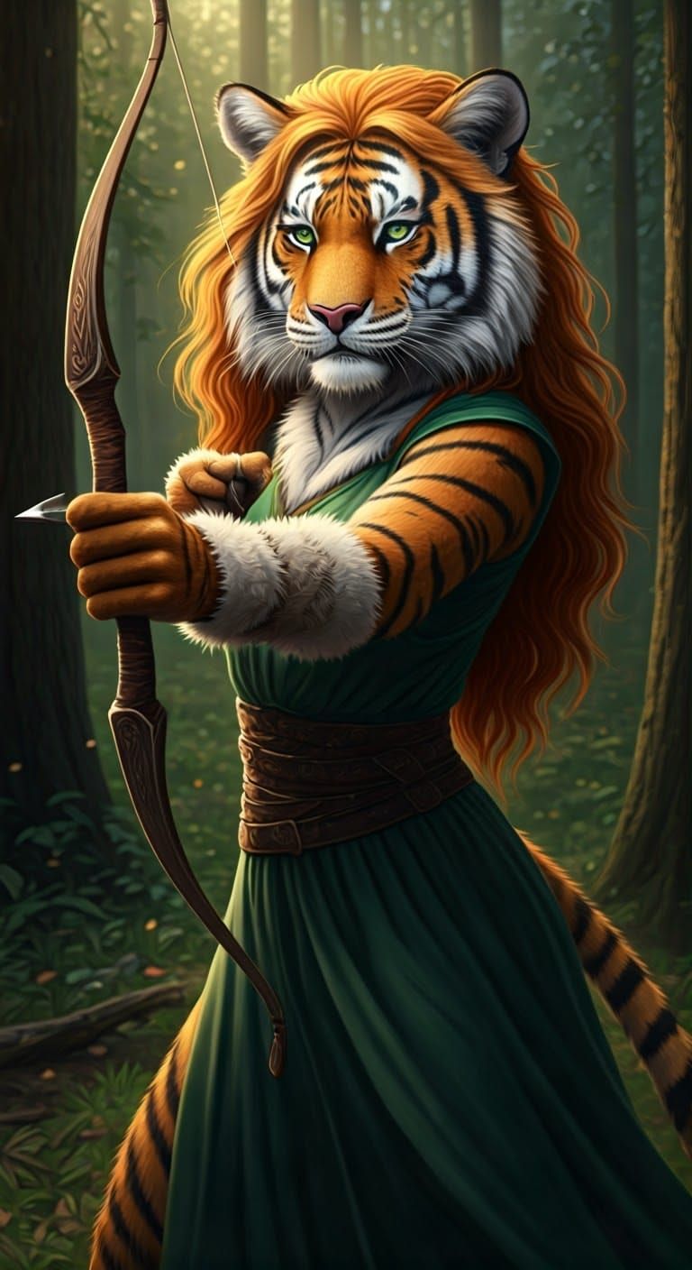Elegant Tigress Aims in Woodland Archery Scene