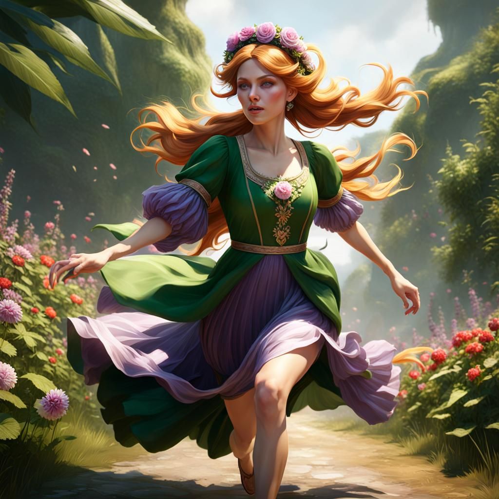 Girl Running: Dark Fantasy Art in Purple and Yellow