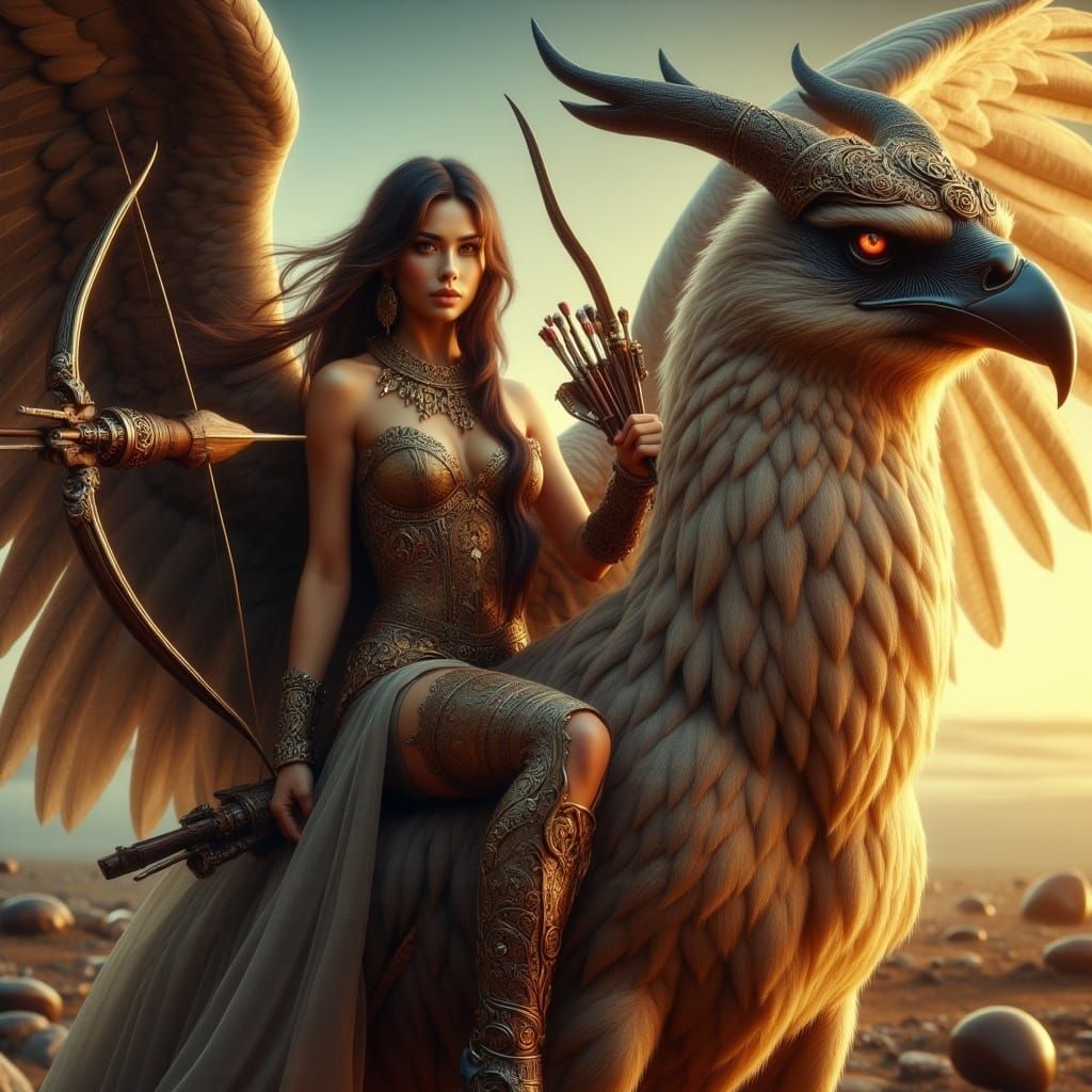 Amazonian Warrior on Griffin, Ready for Battle