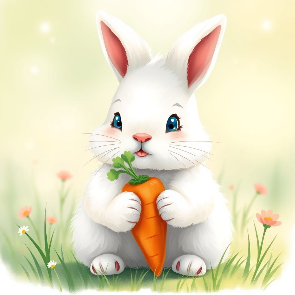 Whimsical White Bunny Holds Vibrant Orange Carrot in Pastel ...