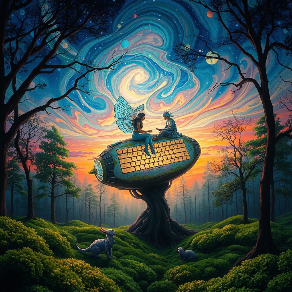 Surreal Stained Glass Forest Amidst Swirling Nebulae