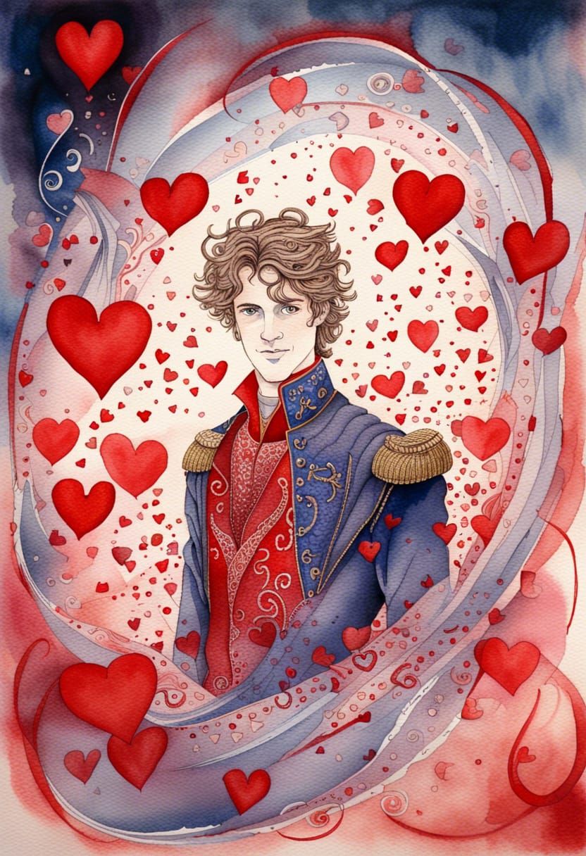 Prince Surrounded by Hearts, Watercolor Ebru Effect