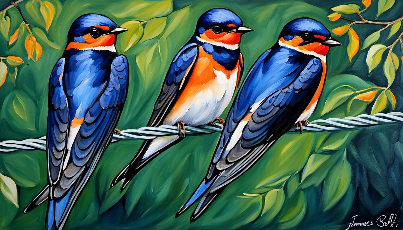 Barn Swallows on Wire in Watercolour Painting Style