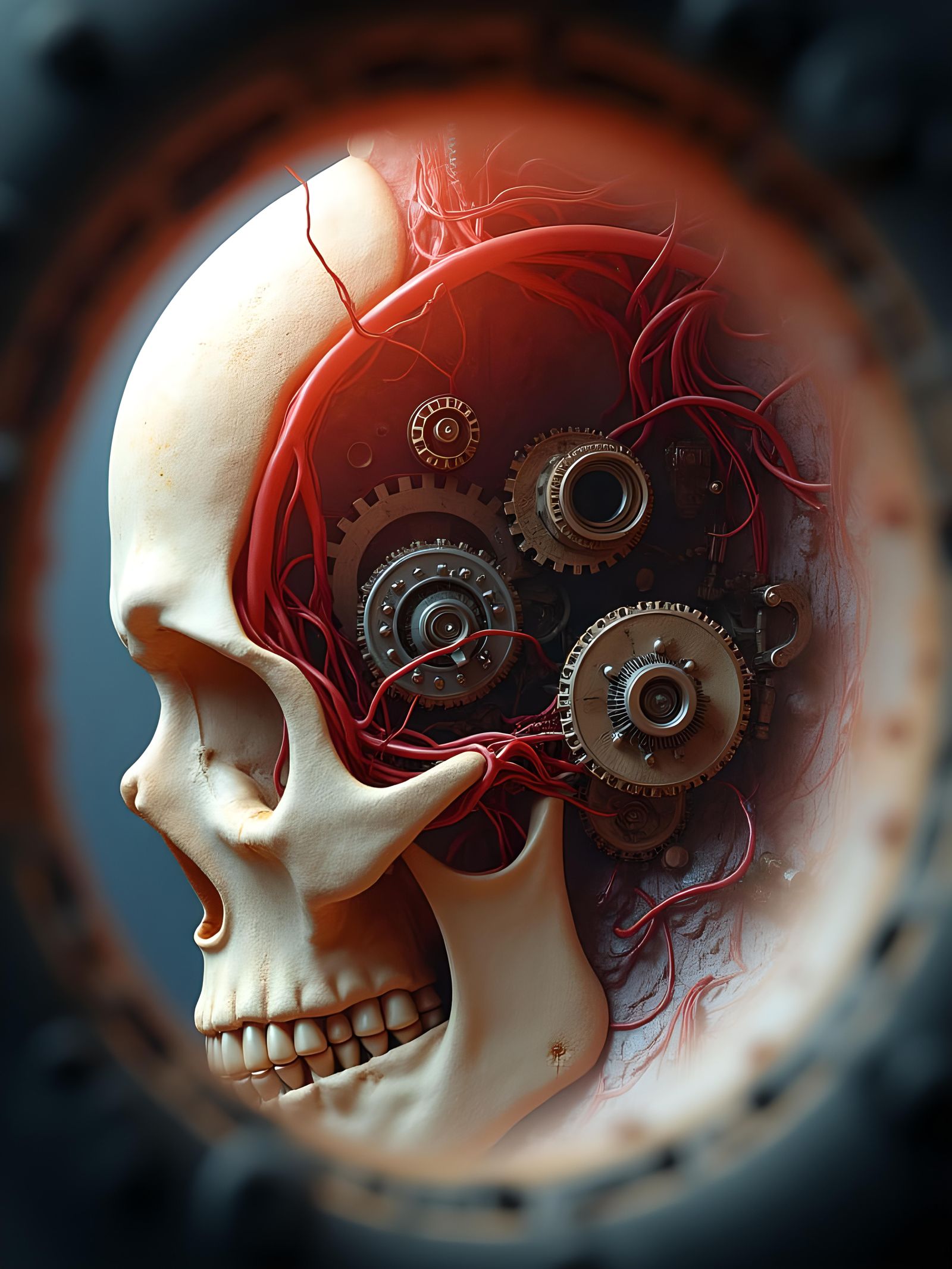 Steampunk Engine Inside Human Skull