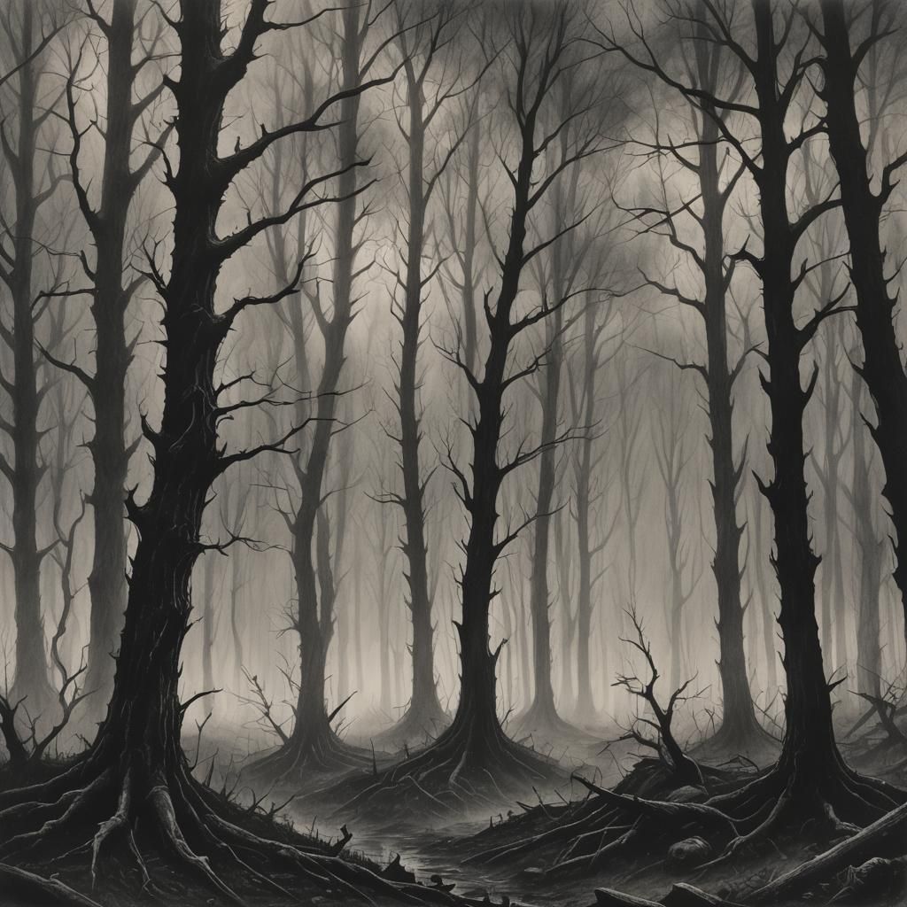 Dark Forest: Black Metal Album Art in Charcoal