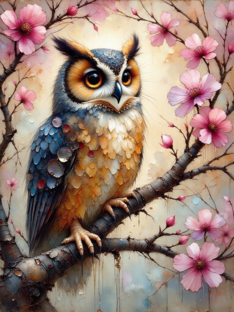 Owl in Cherry Blossoms with Earthy Textures