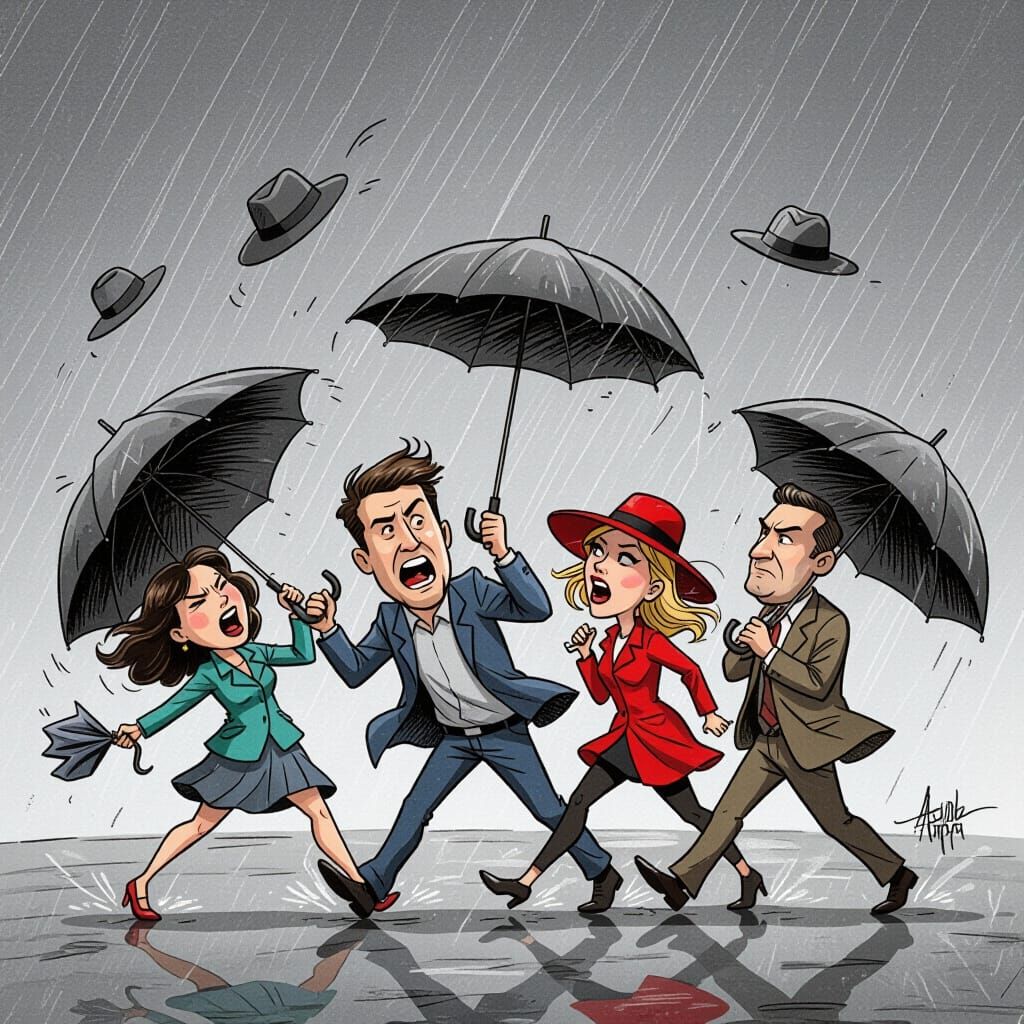 Comic Caricature of People Battling Windblown Umbrellas
