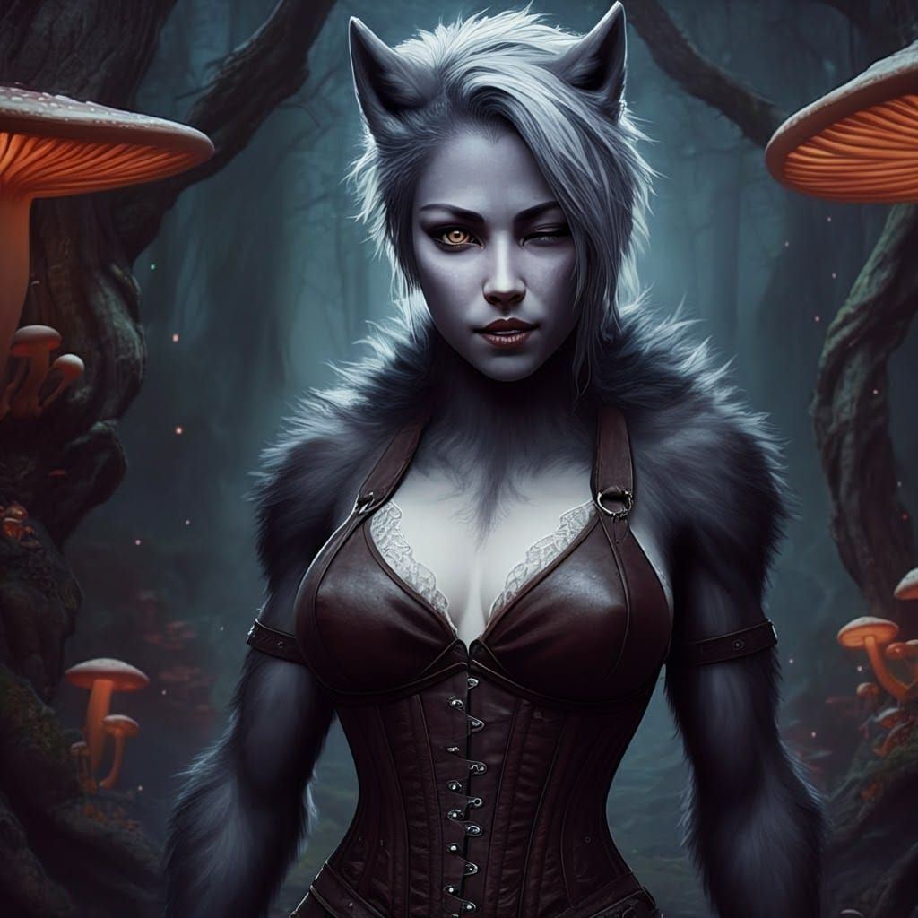 A cute and attractive werewolf with a pixie cut. She is winking at the viewer.