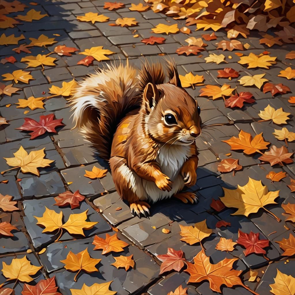Cute Squirrel in Surreal Impasto Autumn Landscape
