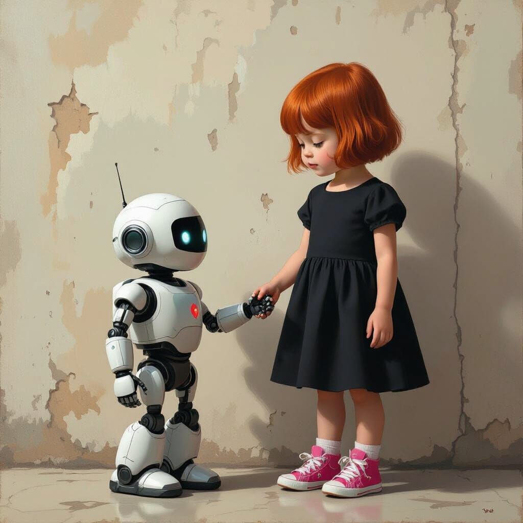 A whimsical scene depicts a little girl with short red hair, dressed in a dark dress and pink sneakers, holding a humano...