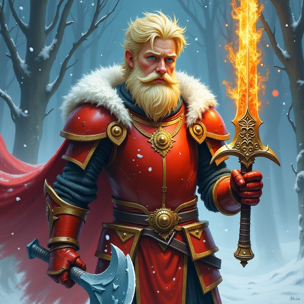 Knight in Crimson Armor with Sword and Axe