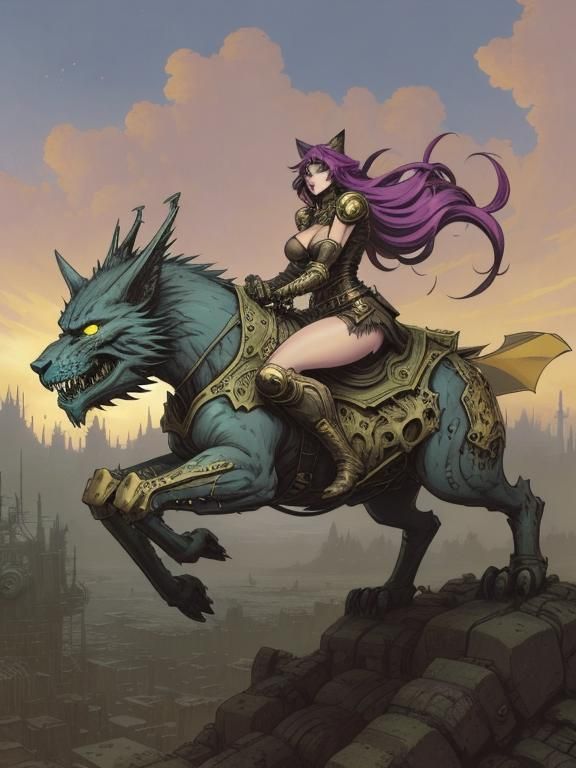 Catgirl Rides Cyberpunk Beast Bike in Comic Art