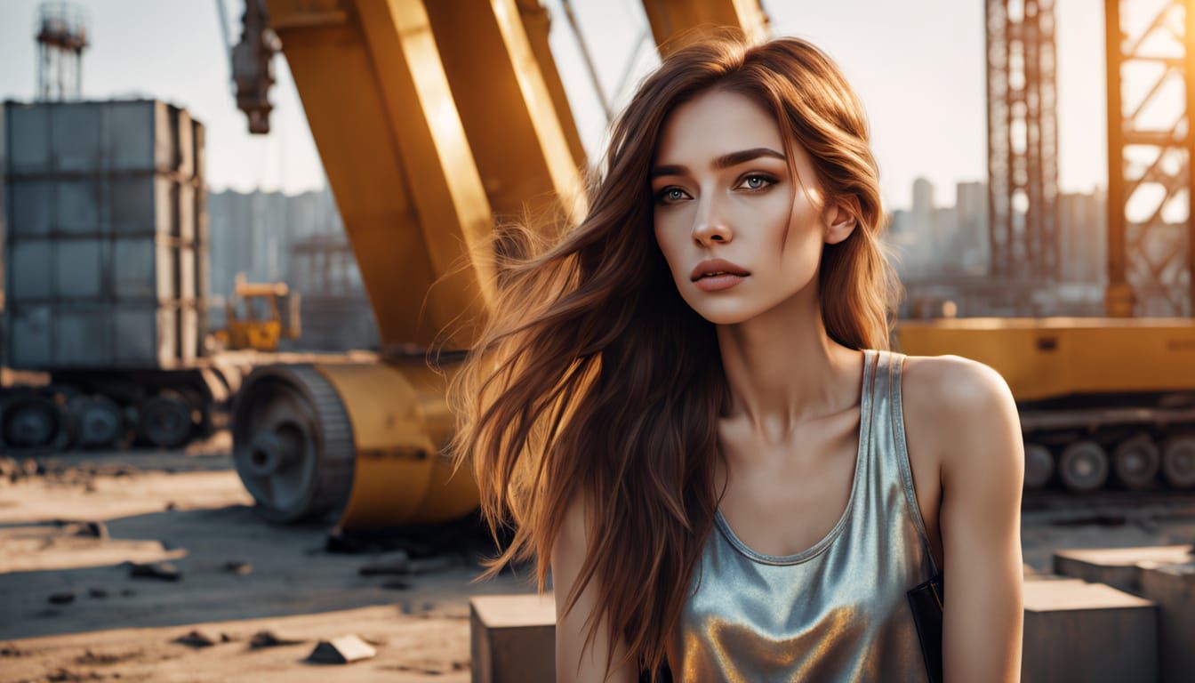 Young Woman Surrounded by Industrial Elegance in Hyper-Reali...