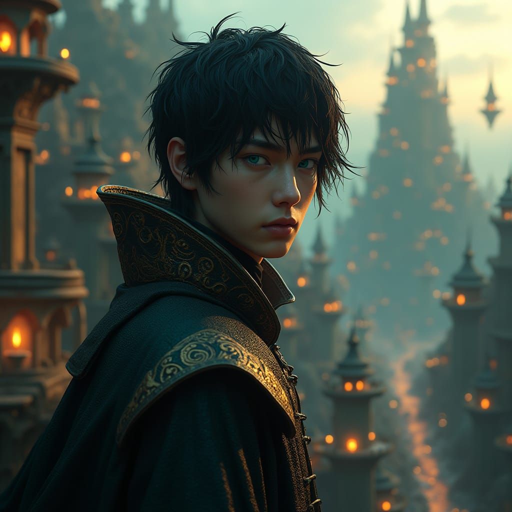 Ethereal Young Hero in Ancient Metropolis with Floating Isla...