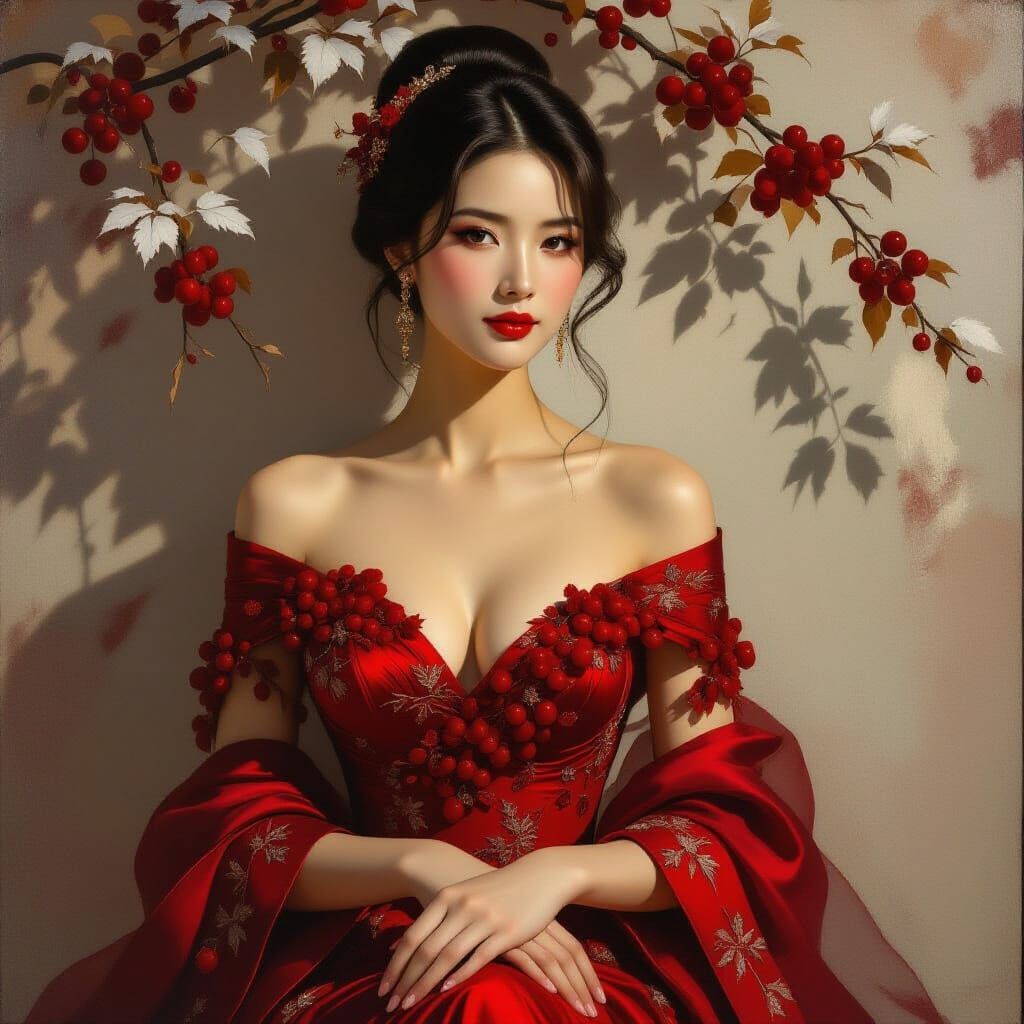 Elegant Chinese Woman in Berry and Frost Dress