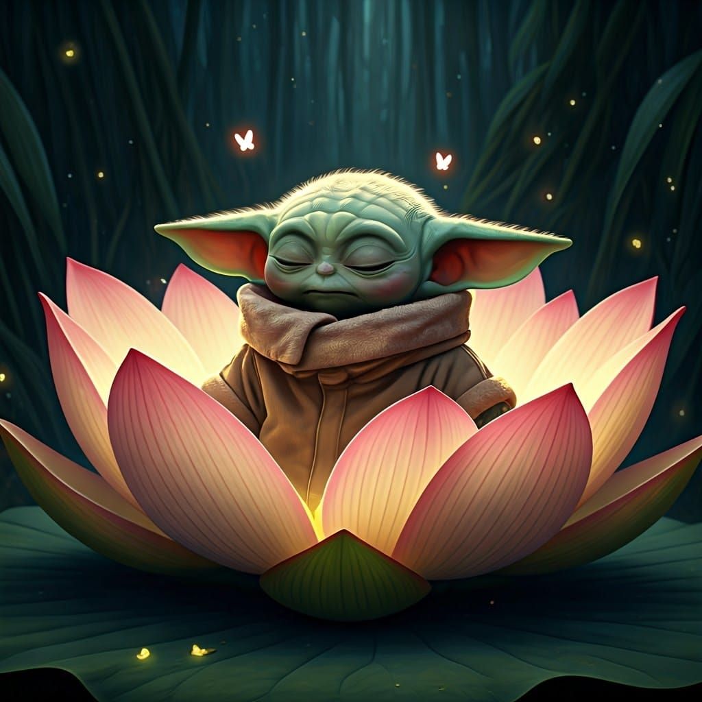 Grogu Meditating in Lotus Flower, Ghibli-Pixar Style