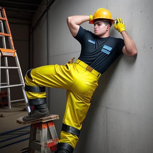 Construction Worker Climbing Ladder, Professional Photograph...