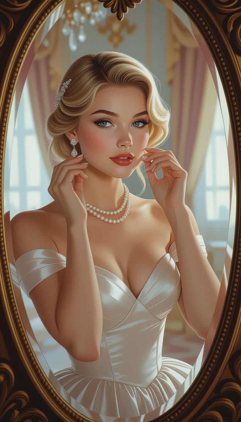 Elegant Woman Adjusting Earrings in Lavish Boudoir
