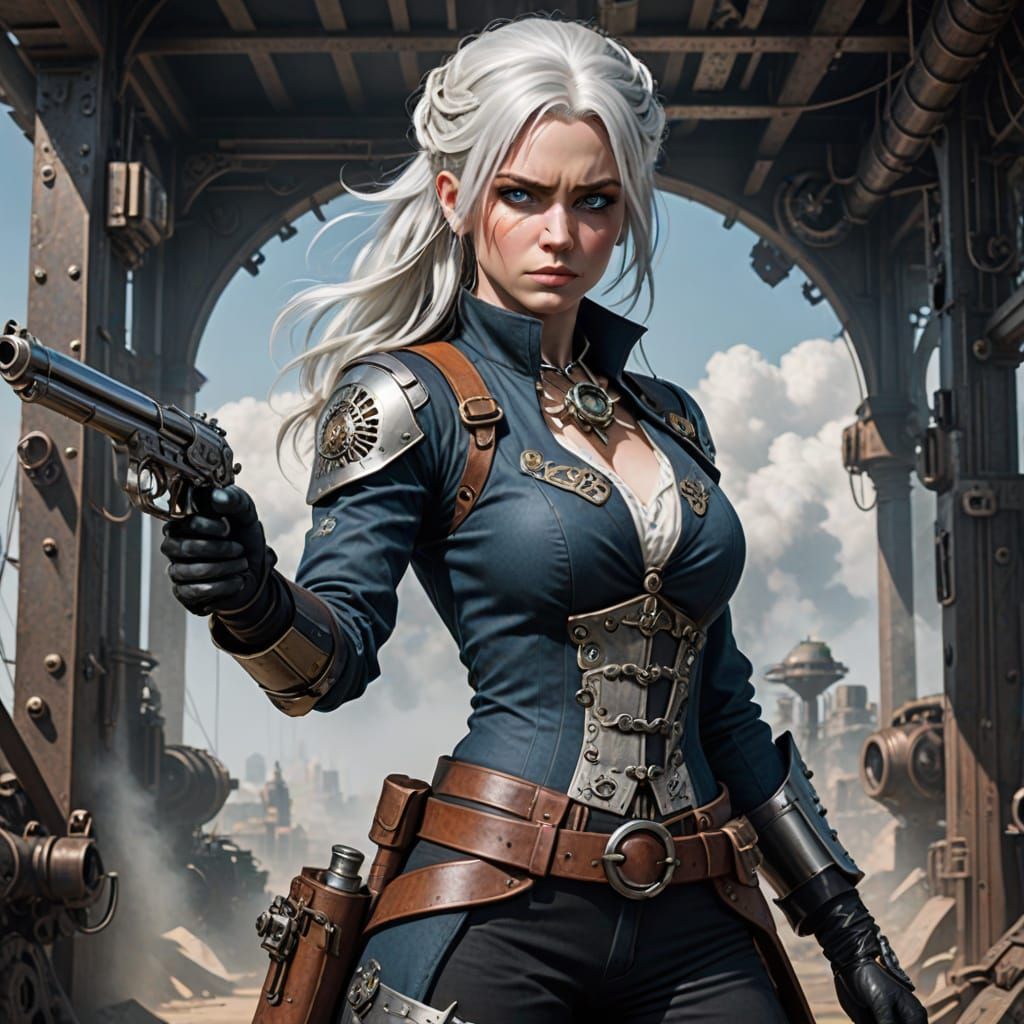 Steampunk Heroine with Elegant White Hair and Blue Eyes
