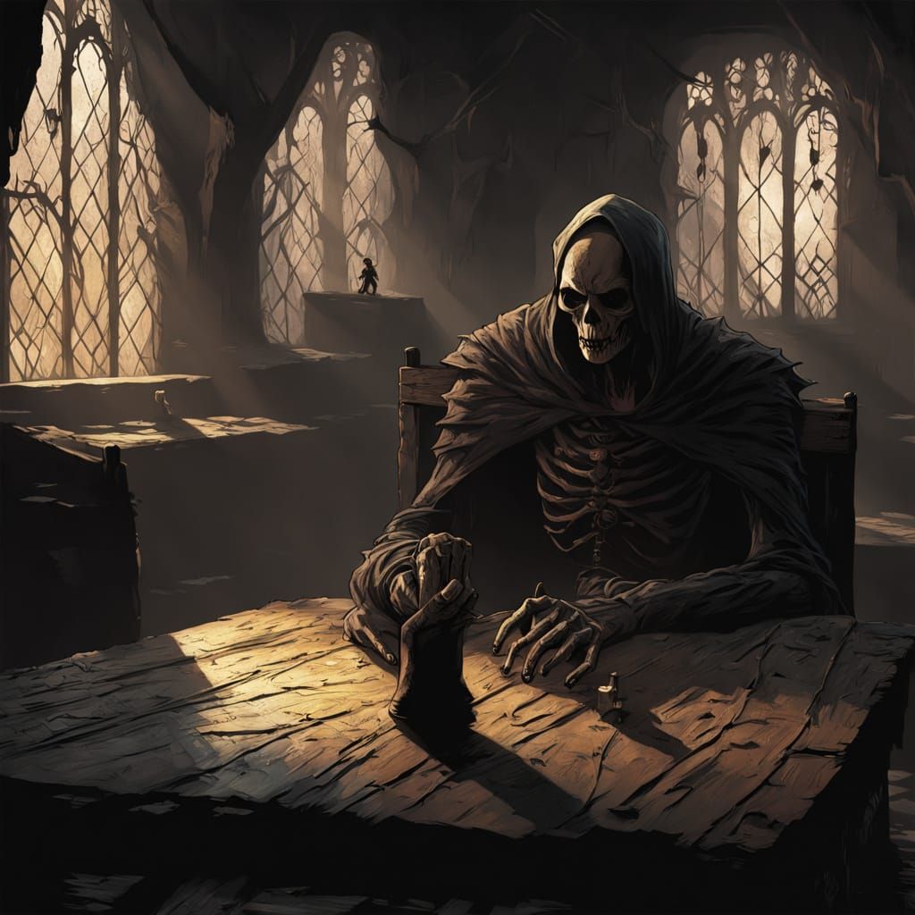 Skeletal Figure in Dimly Lit Ancient Tavern, Gothic Fantasy ...