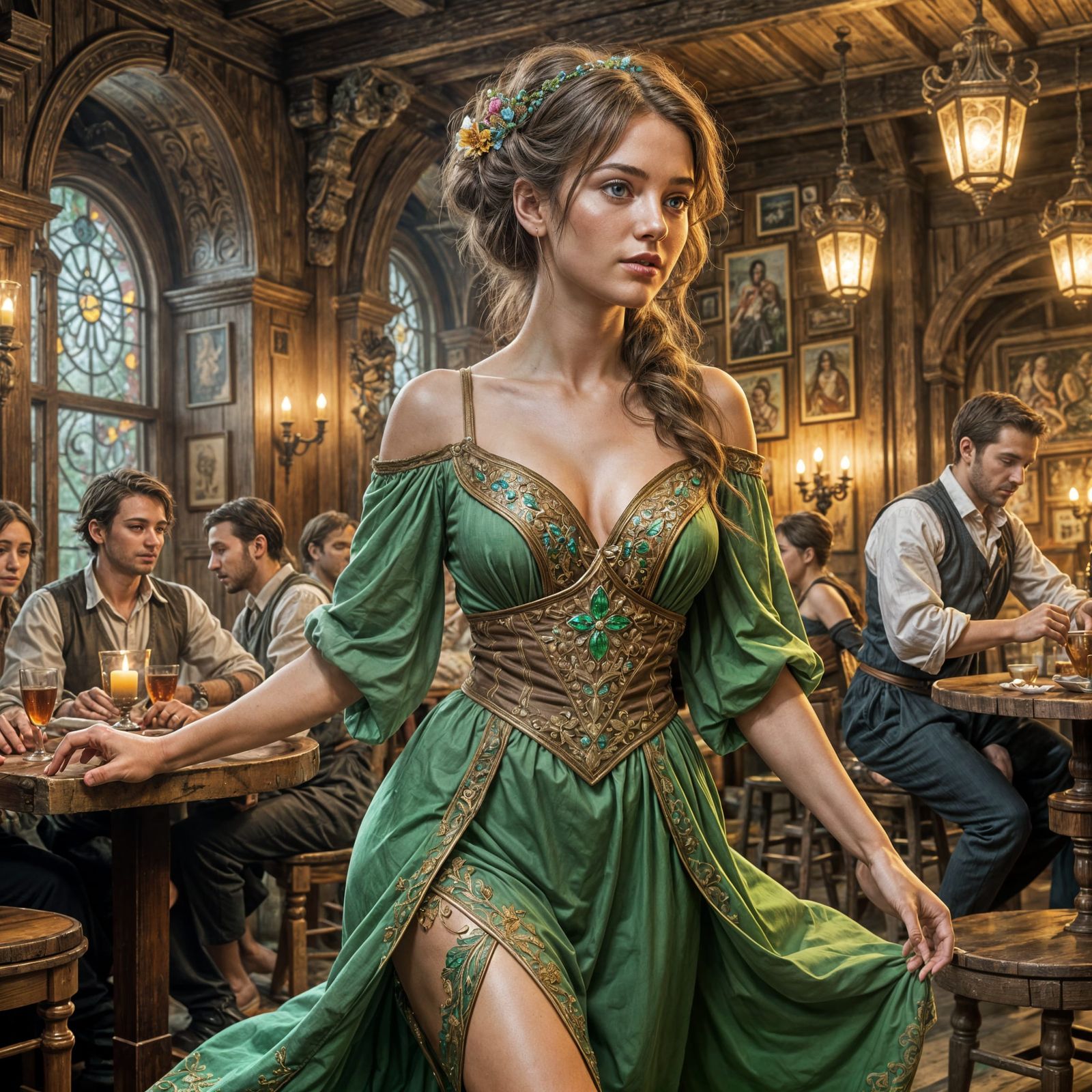 Enchanting Nymph Bard in Vibrant Tavern Setting