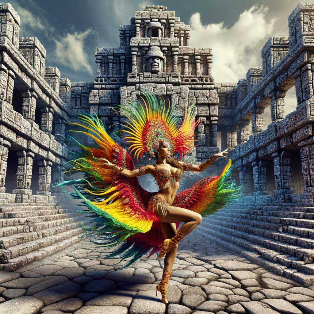 Brazilian Dancer Merged with Aztec Ruins in Surreal Reality