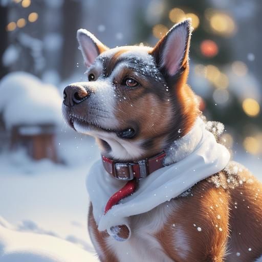 Festive Christmas Dog in Snowy Scene