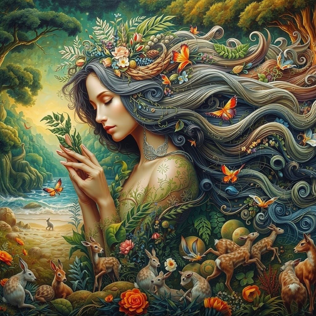 Nature's Goddess in Vibrant Floral Embroidery