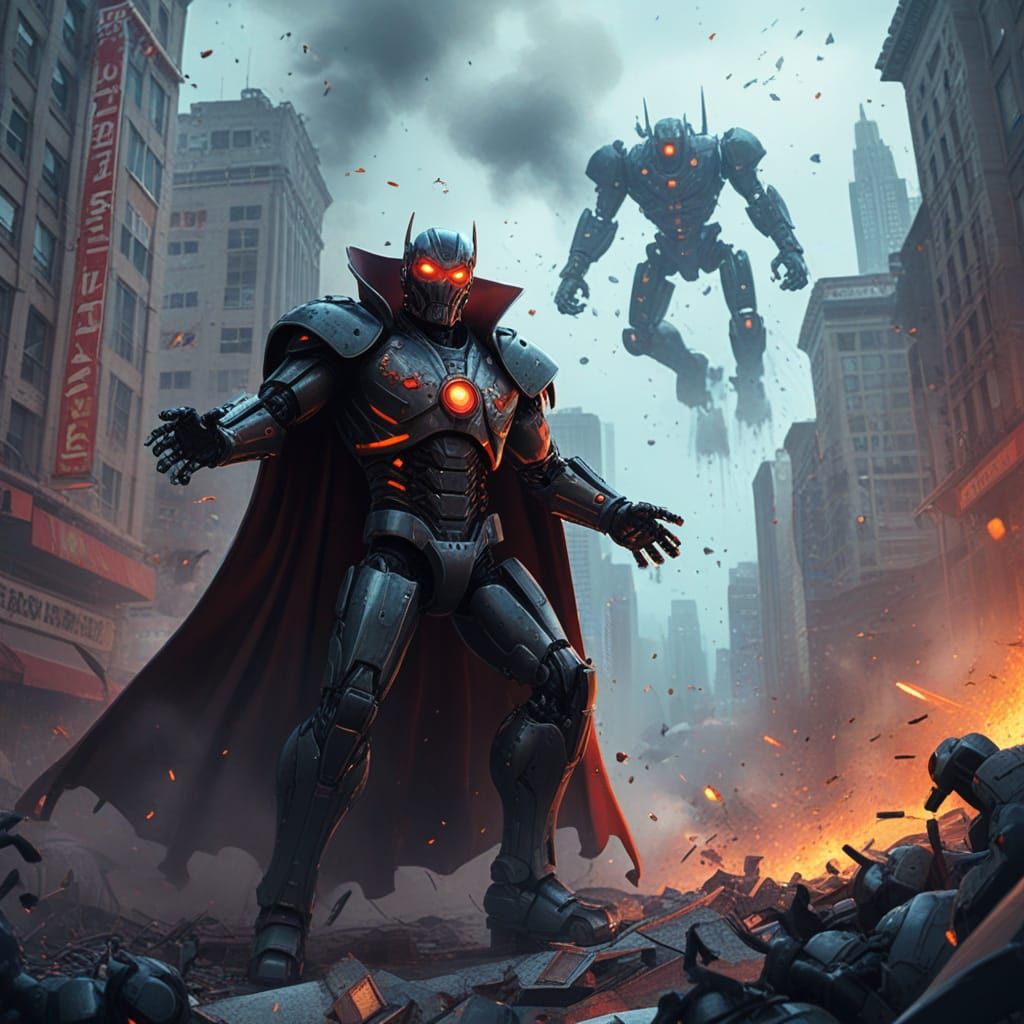 Evil Super Villain Robots Destroying City in Comic Book Art