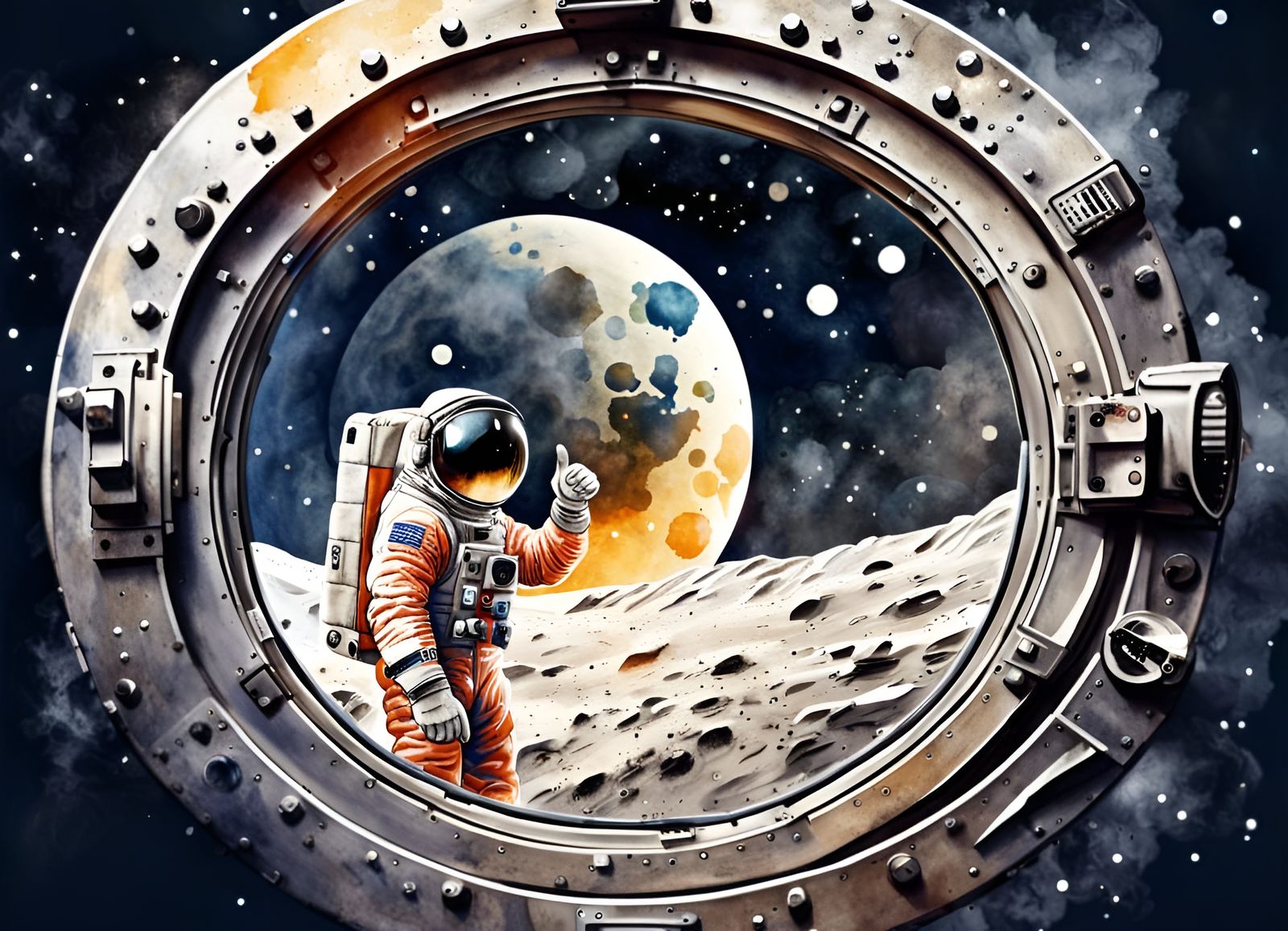 Astronaut Hitchhiking on the Moon as Watercolor Art