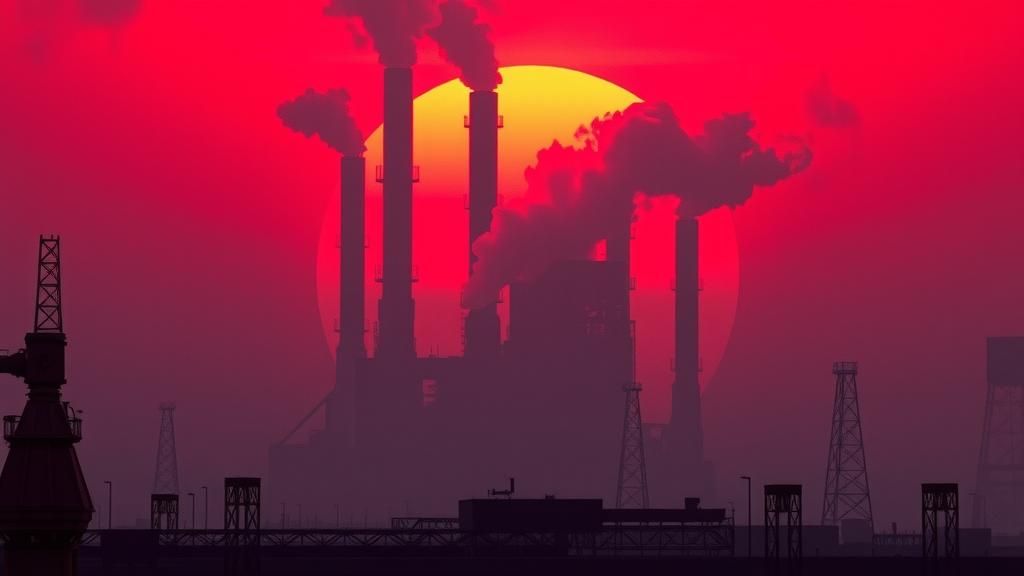 Dystopian Factory Sunset in Retro-Futuristic Style