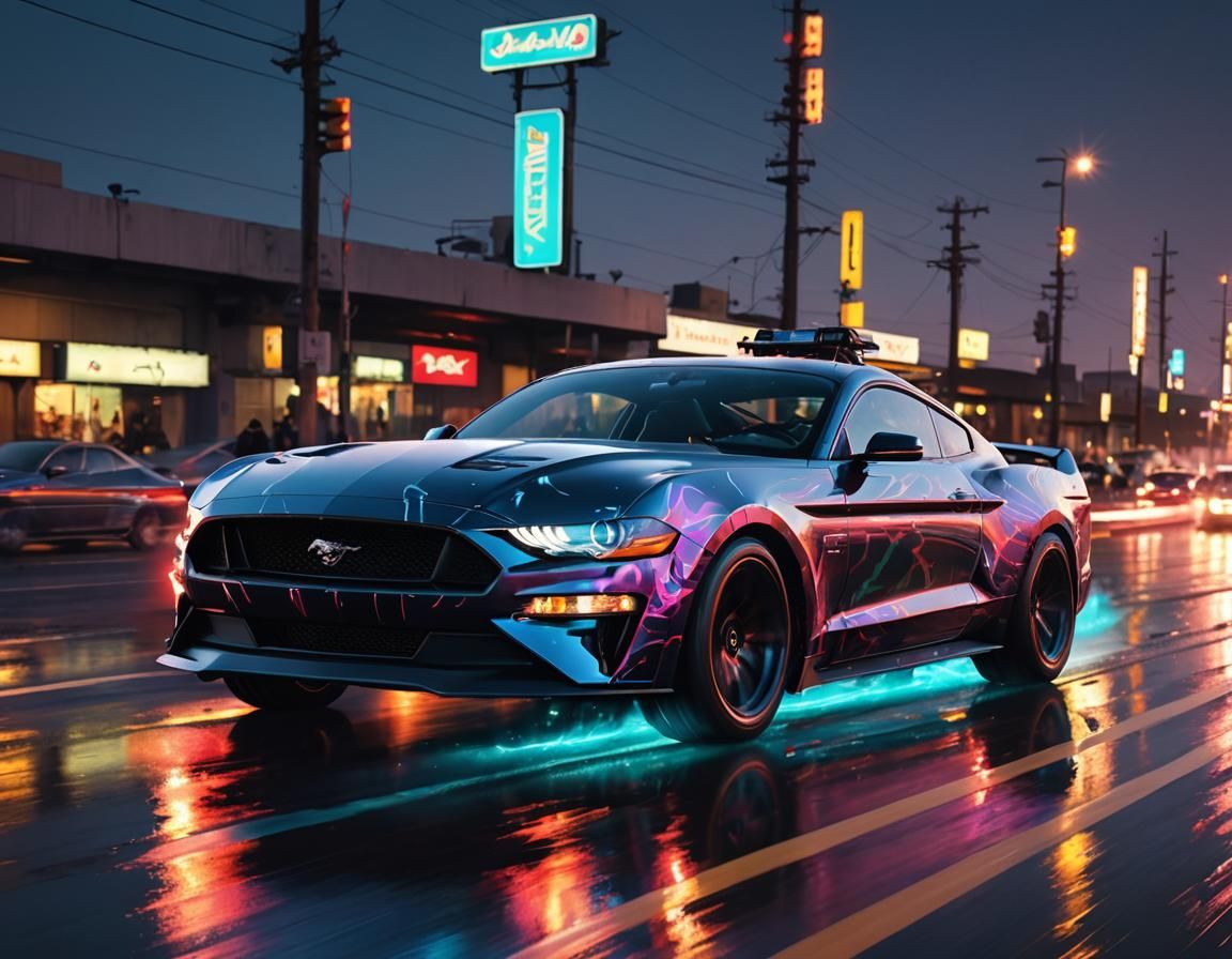 Futuristic Ford Mustang Hovercar on Neon Highway