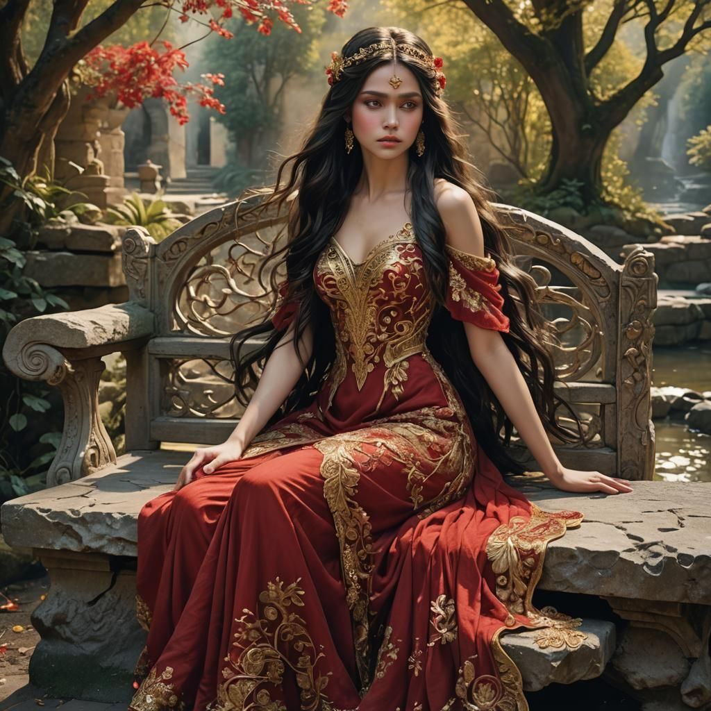 Fairy on Stone Bench in Pre-Raphaelite Style