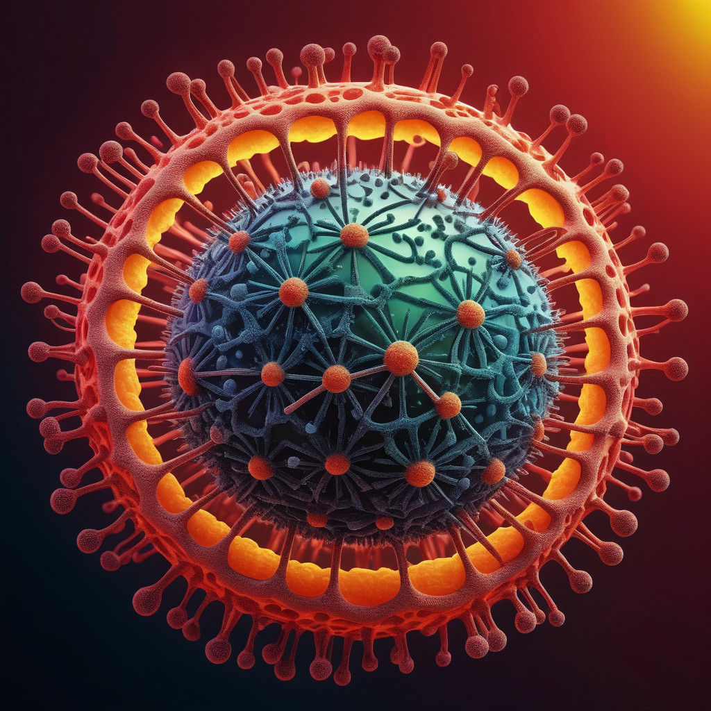 A stylized representation of a virus on a yellow and red gra...
