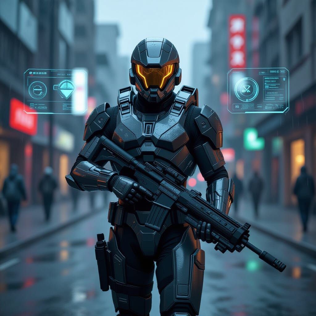 Futuristic Soldier in Rainy City with Holograms, Photorealis...