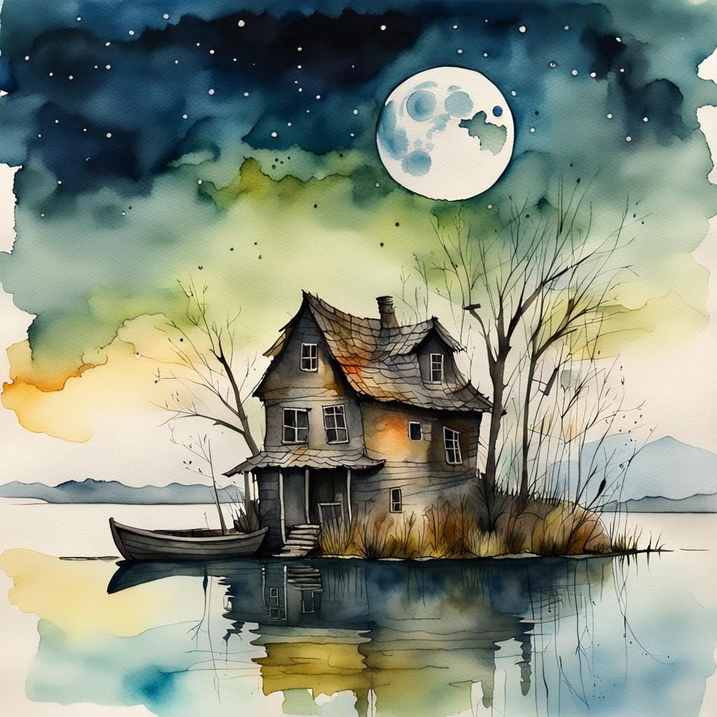 Precarious House on Island: Naive Watercolor Painting